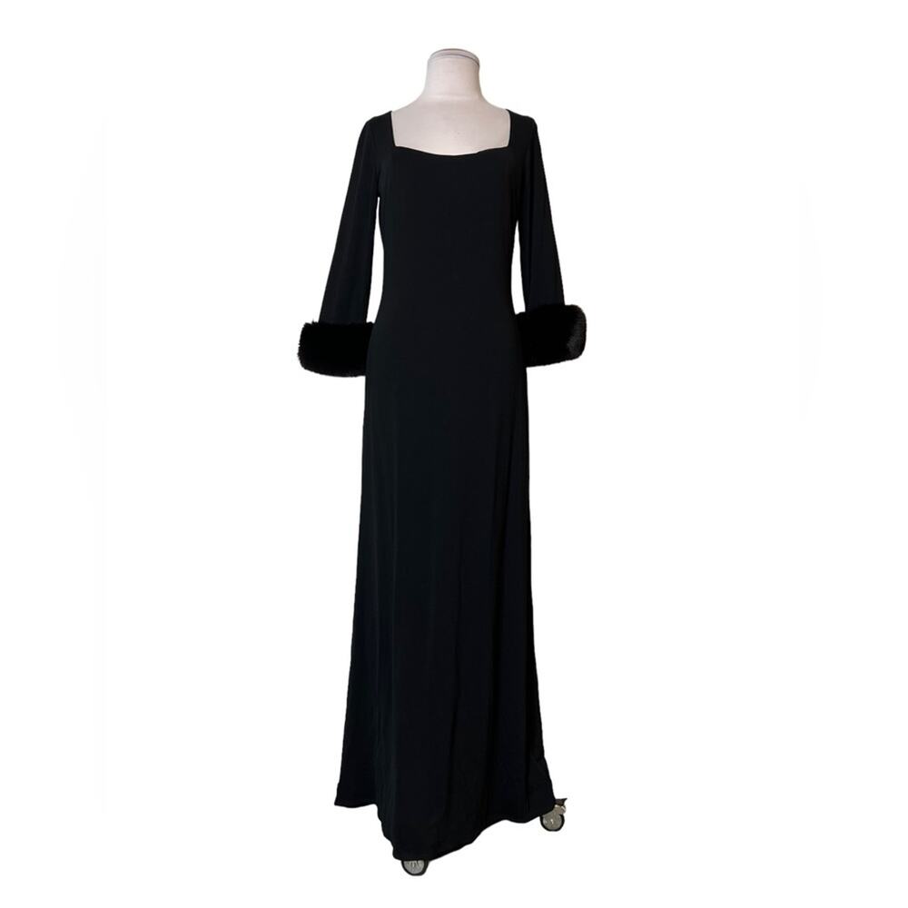 David Meister fox fur trim cuff black gown sz 8
